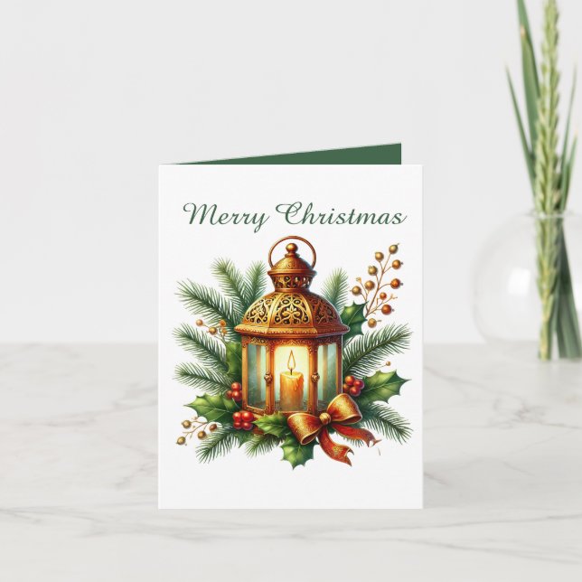 Elegant golden Christmas add message lantern Holiday Card (Front)
