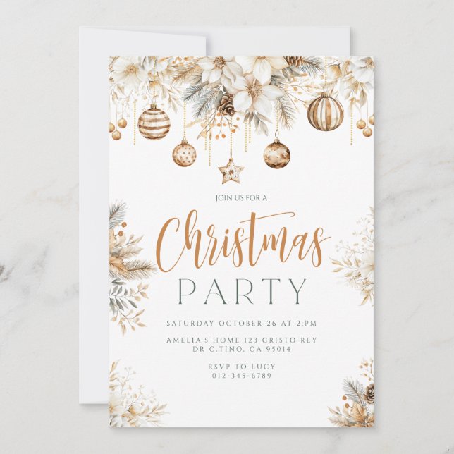 Elegant Golden Christmas Ornaments Holiday Party Invitation (Front)