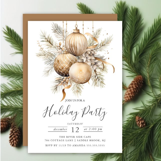 Elegant Golden Christmas Ornaments Holiday Party Invitation (Creator Uploaded)