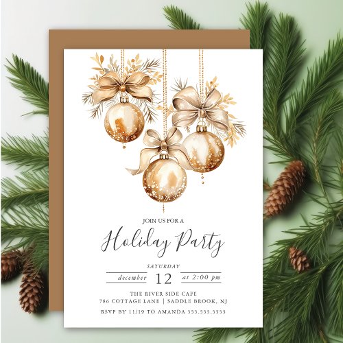 Elegant Golden Christmas Ornaments Holiday Party Invitation