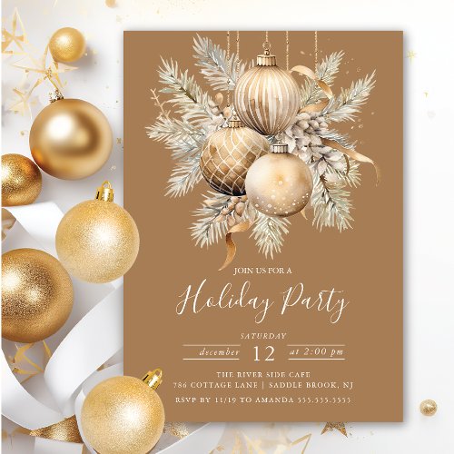 Elegant Golden Christmas Ornaments Holiday Party Invitation