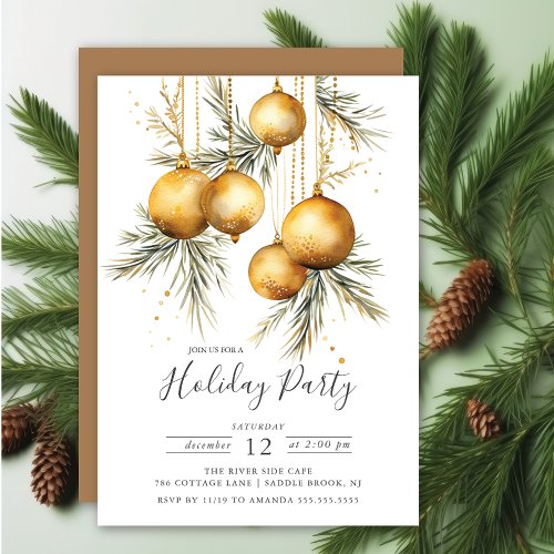 Elegant Golden Christmas Ornaments Holiday Party Invitation