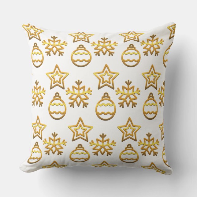 Elegant Golden Christmas Pattern on White Throw Pillow (Front)