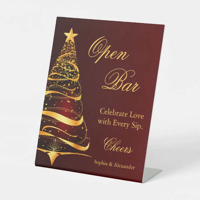 Elegant Golden Christmas Tree Open Bar Wedding Pedestal Sign (Front)
