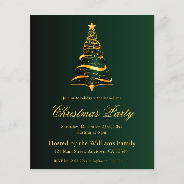 Elegant Golden Christmas Tree Party Budget Card (Front)