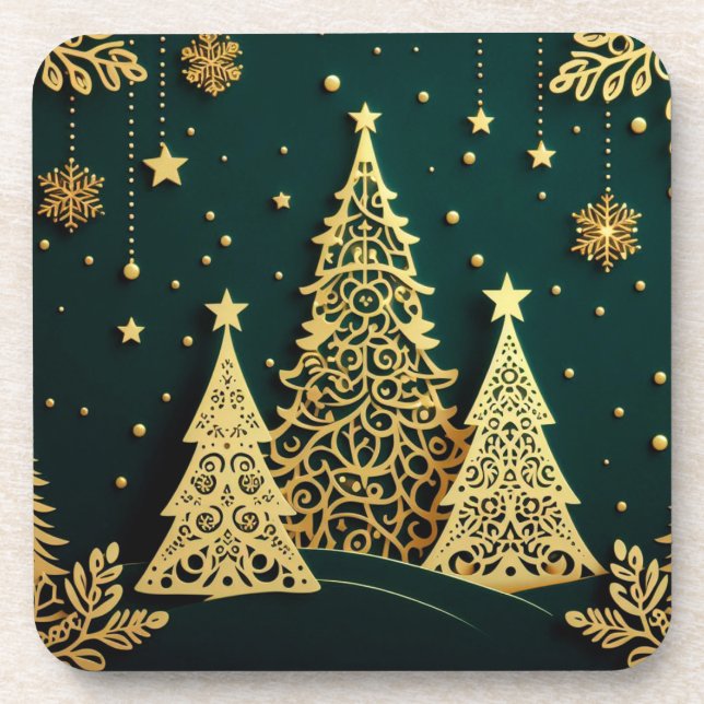 Elegant Golden Christmas Tree Pattern Beverage Coaster (Front)