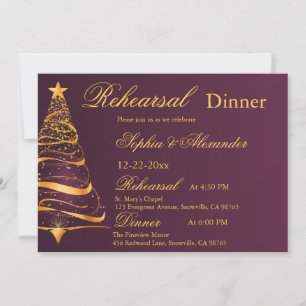 elegant Golden Christmas tree wedding Rehearsal Invitation