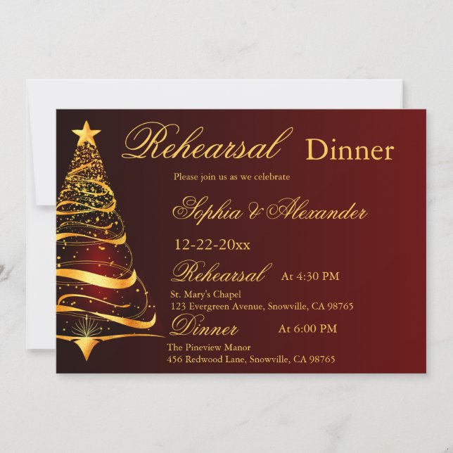 Elegant Golden Christmas tree wedding Rehearsal  Invitation (Front)