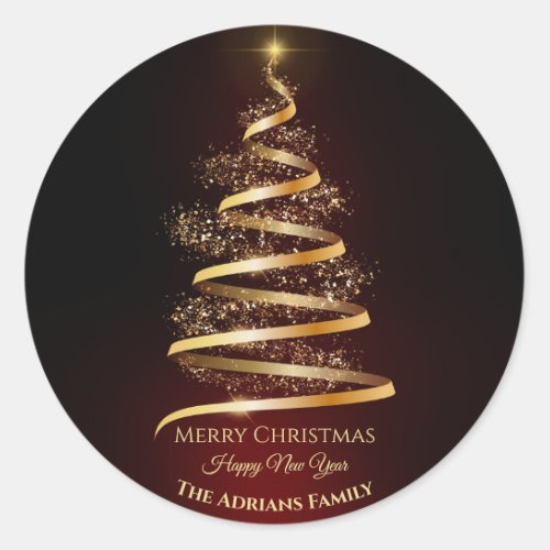 Elegant golden Christmas Tree with sparkle light Classic Round Sticker