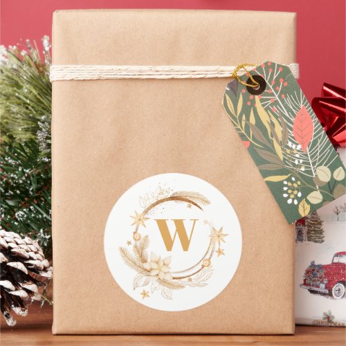 Elegant Golden Christmas Wreath Monogram Classic Round Sticker