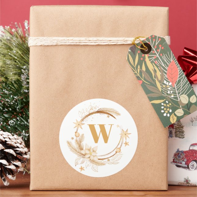 Elegant Golden Christmas Wreath Monogram Classic Round Sticker (Holiday)