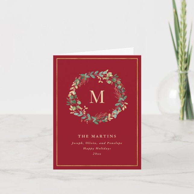 Elegant Golden Christmas Wreath with Monogram Holiday Card (Front)