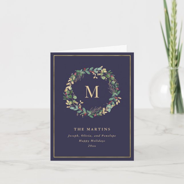 Elegant Golden Christmas Wreath with Monogram Holiday Card (Front)