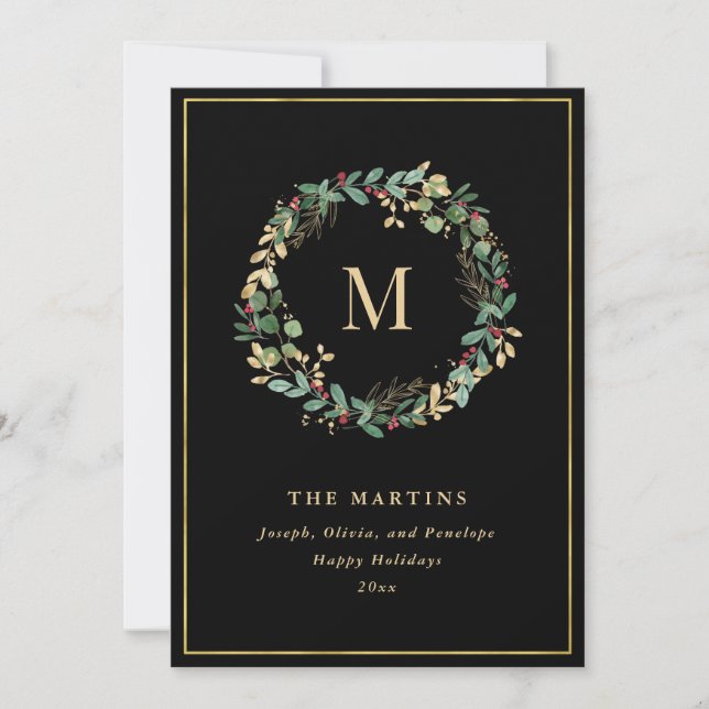 Elegant Golden Christmas Wreath with Monogram Holiday Card (Front)