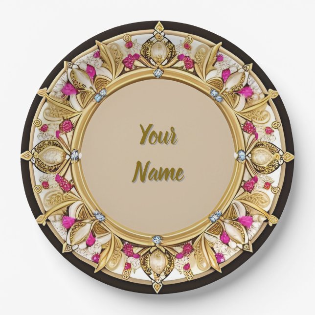 Elegant Golden Circular Frame Paper Plates (Front)