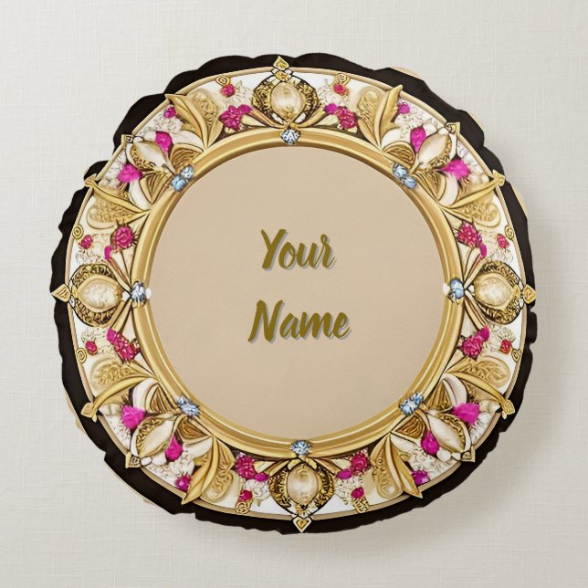 Elegant Golden Circular Frame Round Pillow (Front)