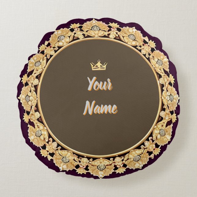 Elegant Golden Circular Frame Round Pillow (Front)