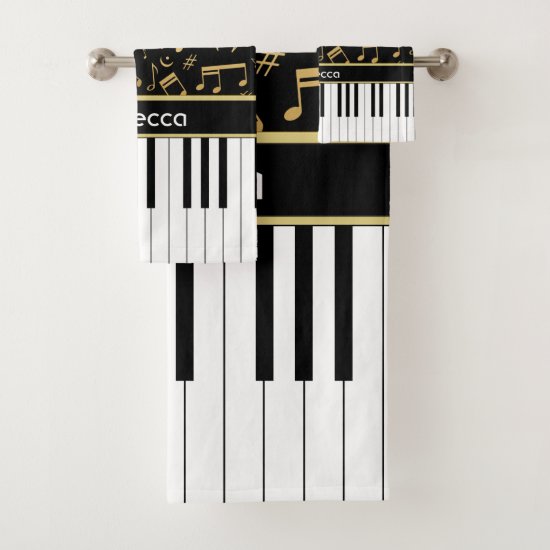 Elegant golden coloured music notes piano keys bath towel set