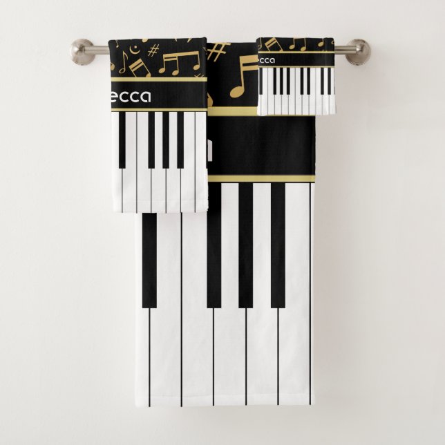 Elegant golden coloured music notes piano keys bath towel set (Insitu)