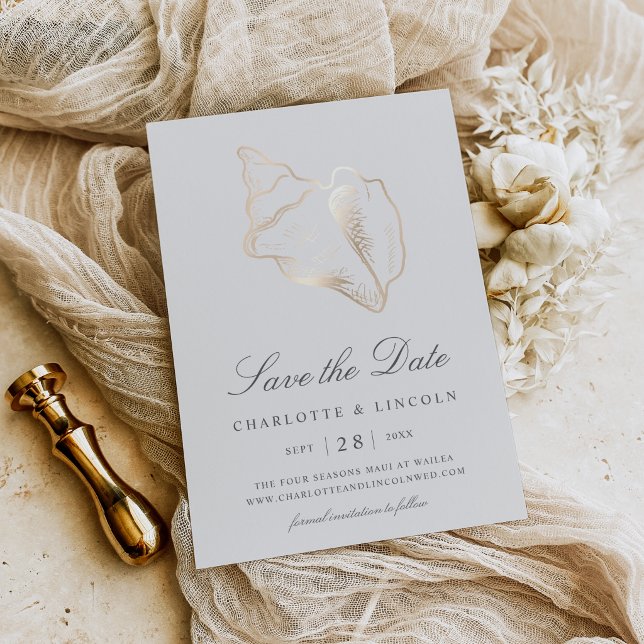 Elegant Golden Conch Shell Wedding Save The Date