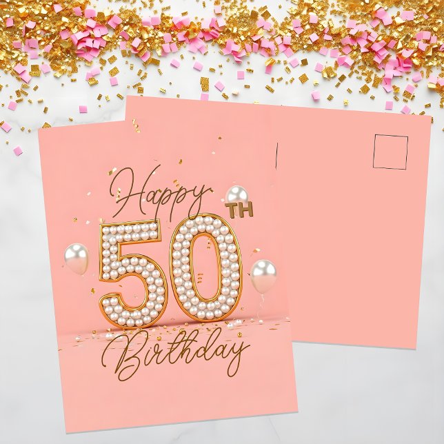 Elegant Golden Confetti & Balloons 50th Birthday Postcard (Creator Uploaded)