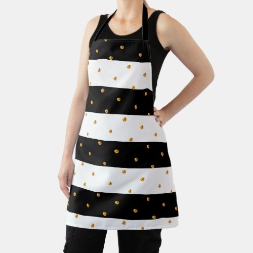 Elegant Golden Confetti on Black and White Striped Apron