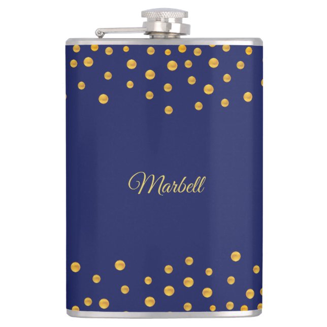 Elegant Golden Confetti on Navy Blue Flask (Front)