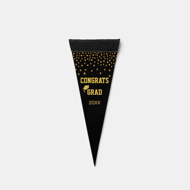 Elegant Golden Congrats Grad on Black Pennant Pennant Flag (Front)