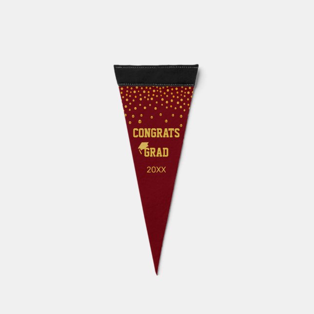 Elegant Golden Congrats Grad on Maroon Pennant Flag (Front)