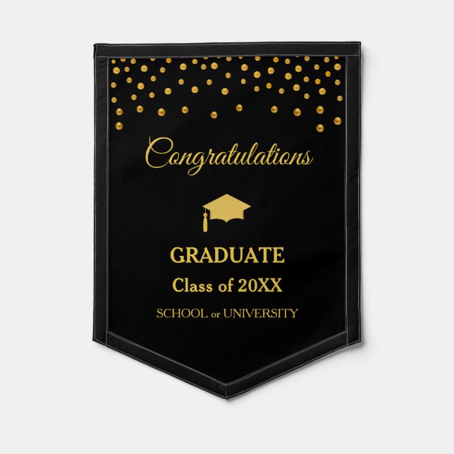 Elegant Golden Congratulations Graduate on Black Pennant (Front)