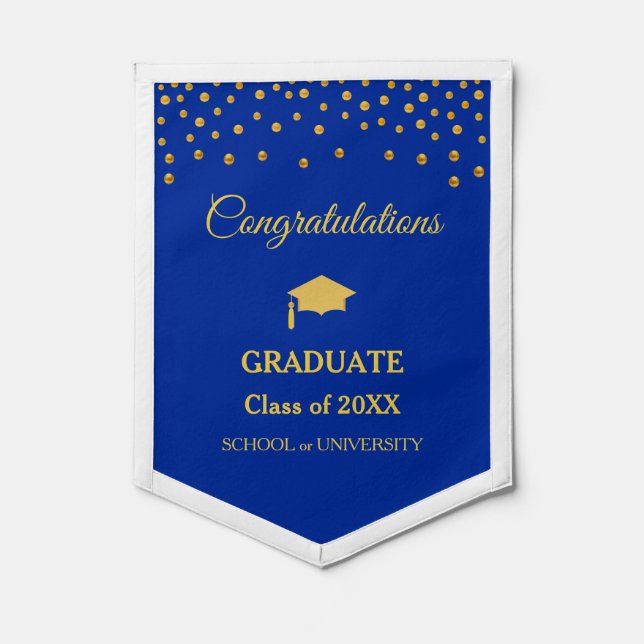 Elegant Golden Congratulations Graduate on Blue Pennant (Front)