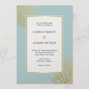 Elegant Golden Coral Reef Branches on Seafoam Invitation