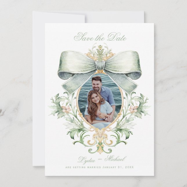 Elegant Golden Crest w/ Green Bow | Photo Save The Date (Front)