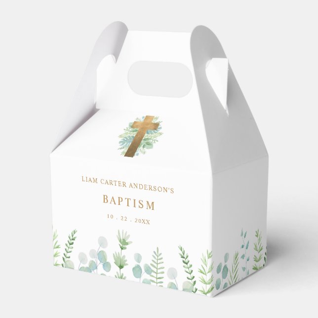 Elegant Golden Cross and Greenery, Religious Event Favor Boxes (Front Side)