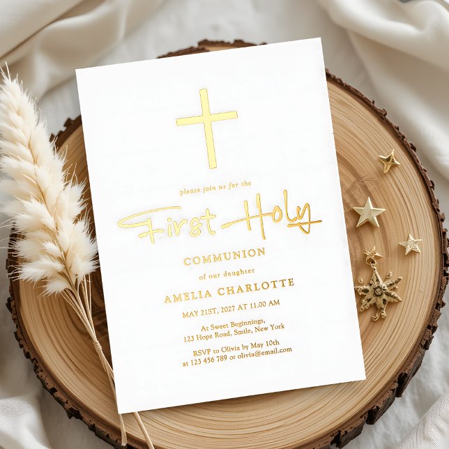 Elegant Golden Cross First Communion gold Foil Invitation (Creator Uploaded)