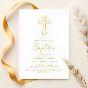 Elegant Golden Cross Typography Baptism Foil Invitation