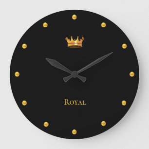 Elegant Golden Crown & Golden Dots on Black Large Clock