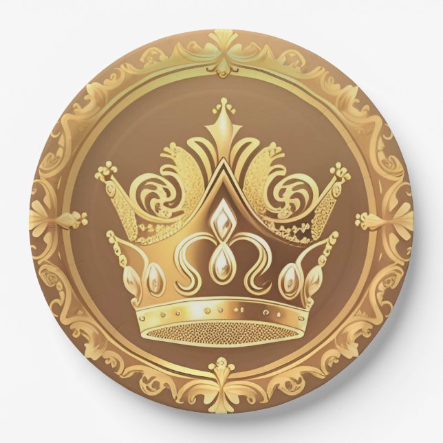 Elegant Golden Crown Paper Plates (Front)