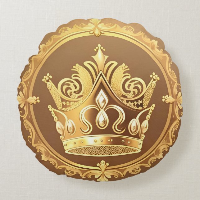 Elegant Golden Crown Round Pillow (Front)