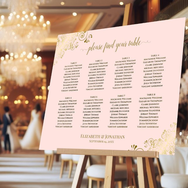 Elegant Golden Curls 8 Table Pink Seating Chart Foam Board (On Stand at Reception)