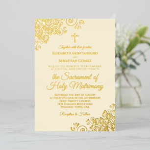 Elegant Golden Curls on Cream Catholic Wedding Foil Invitation