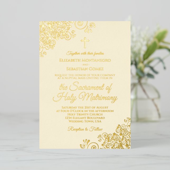 Elegant Golden Curls on Cream Catholic Wedding Foil Invitation (Standing Front)
