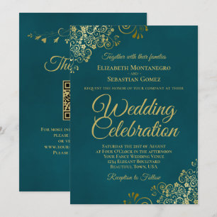 Elegant Golden Curls on Teal QR Code Wedding Invitation