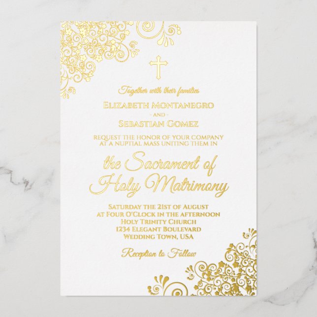 Elegant Golden Curls on White Catholic Wedding Foil Invitation (Front)
