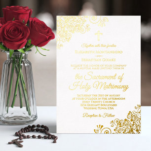 Elegant Golden Curls on White Catholic Wedding Foil Invitation