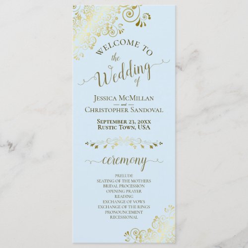 Elegant Golden Curls Powder Blue Wedding Program