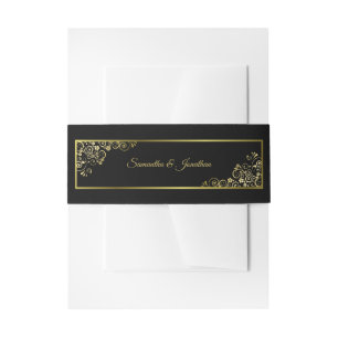Elegant Golden Curls & Swirls Black Wedding Invitation Belly Band