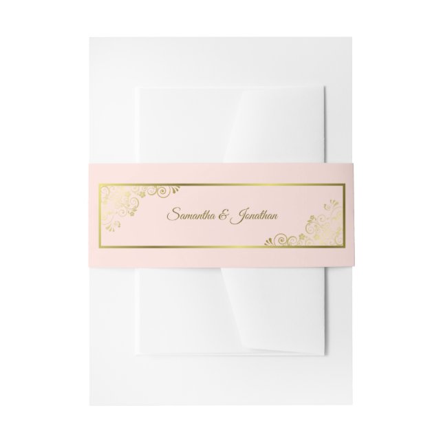 Elegant Golden Curls & Swirls Blush Pink Wedding Invitation Belly Band (Front Example)