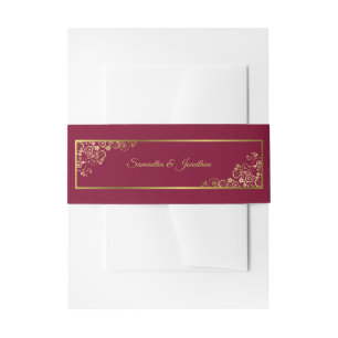 Elegant Golden Curls & Swirls Burgundy Wedding Invitation Belly Band