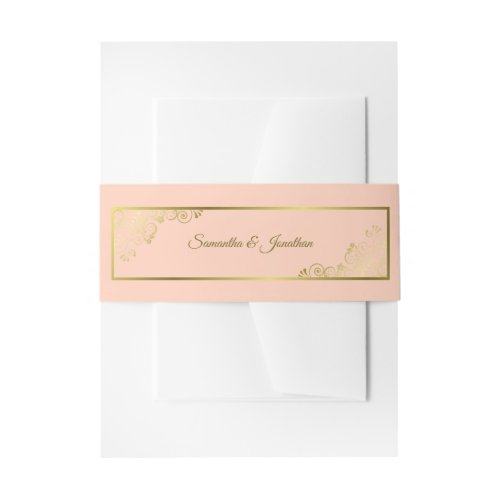 Elegant Golden Curls  Swirls Coral Peach Wedding Invitation Belly Band